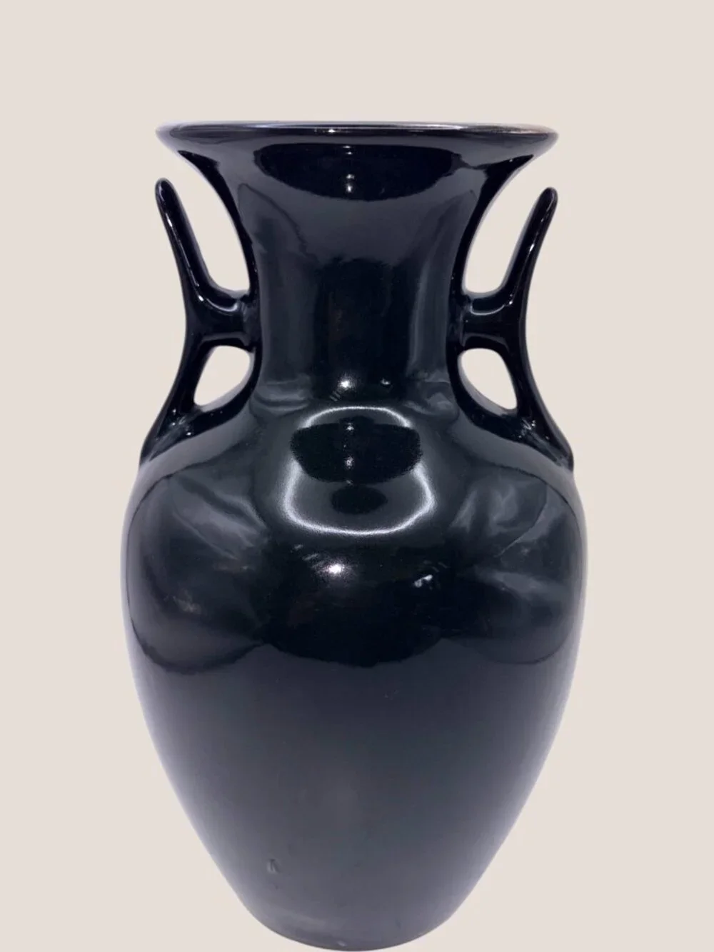 Vintage Black Japanese Floral Porcelain Vase Double Handle Gold Trim 10.5